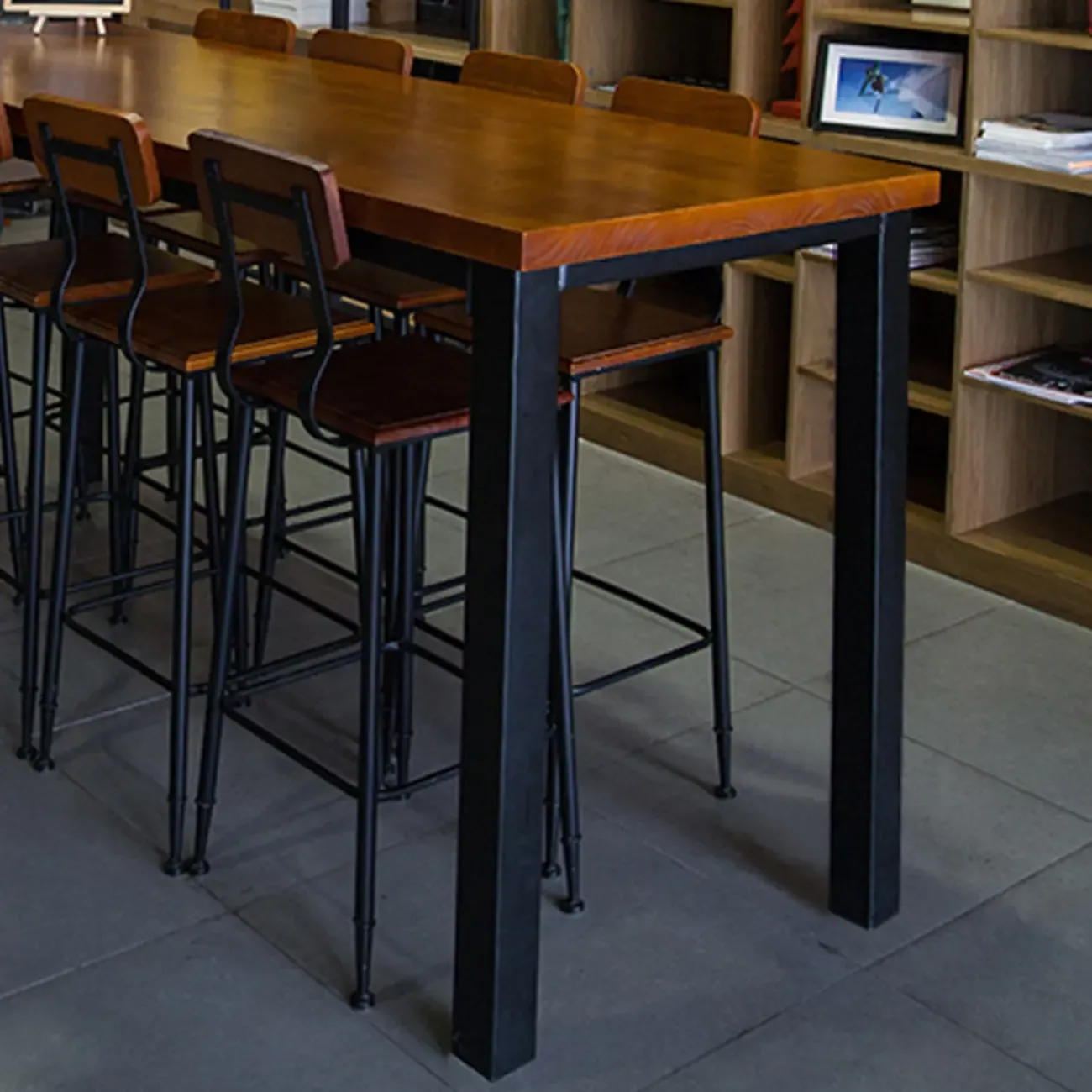 Industrial Brown Wood Black Iron 4-Leg Rectangular Bar Tables