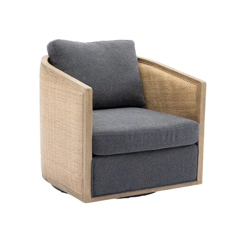 Boucle/Leather Upholstered 360 Degree Swivel Round Barrel Club Chair