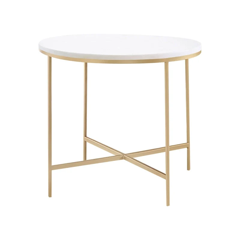Round Faux Marble End Table with Metal Legs in White and Gold