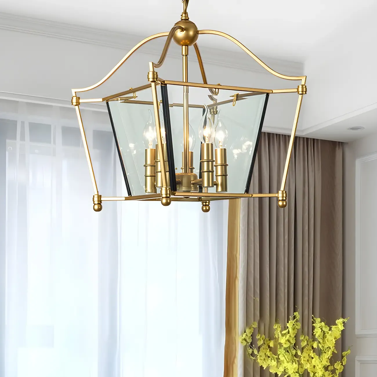 Adjustable Kitchen Gold Square Glass Caged Candle Chandelier