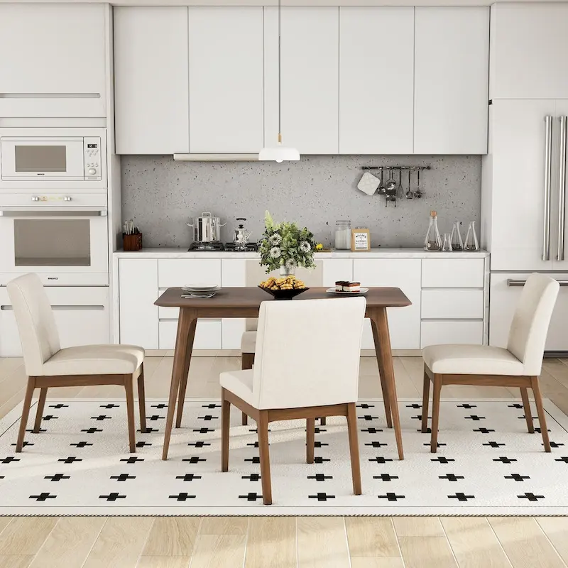 5 Piece Dining Table and Chair Set, Wooden Kitchen Furniture Set with Rectangular Table and 4 Upholstered Chairs