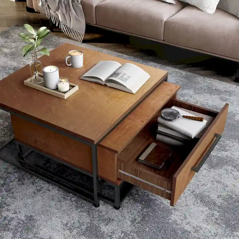 Saxon Rustic Brown Square 2-Piece Solid Wood Coffee Nesting Tables with 1-Drawer by Furniture of America