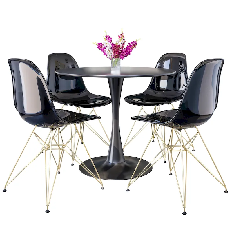 5-Piece Dining Set with 35 Round MDF Table and 4 ABS Plastic Side Chair with Gold Metal Legs