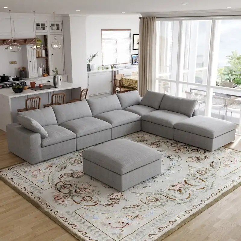 160 in. Free Combination Overstuffed Down Filled Comfort Linen U-shape 6-Seat Sofa Modular Sectional with Ottoman