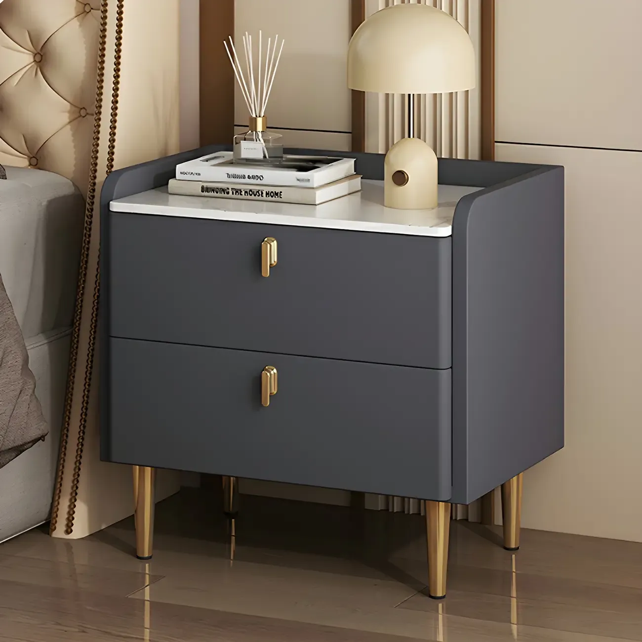 Modern Leather Stone Top Gold Accents 2-Drawer Nightstand