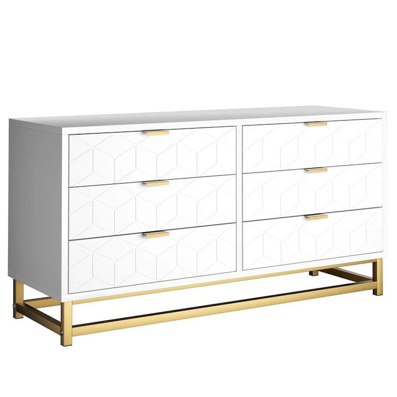6-Drawer Dresser with Metal Legs & Patterned Fronts, 47.2"L x 15.7"W x 25.1"H, Modern Style
