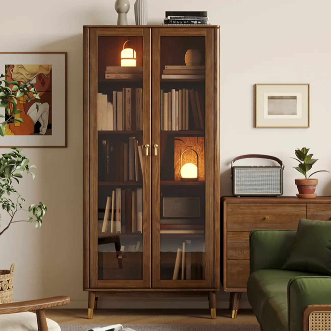 5-Tier Brown Ash Wood Glass Door Bookcase