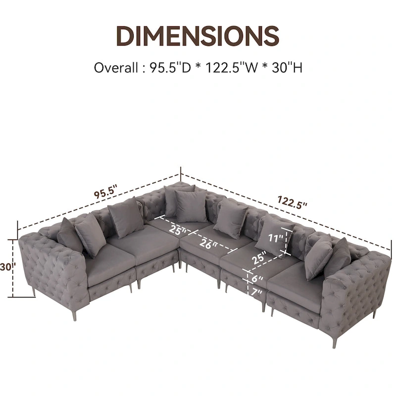 Large L-Shaped Modular Sofa, 6-Seat Velvet Sectional Couch