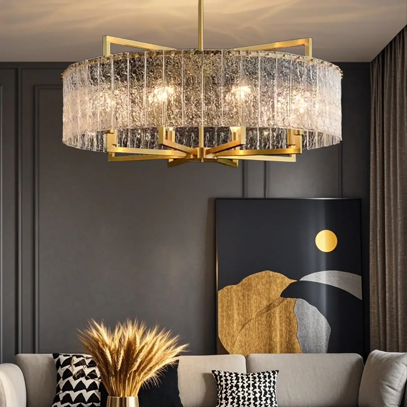 Modern Crystal Round Chandelier with Gold Frame for Decor