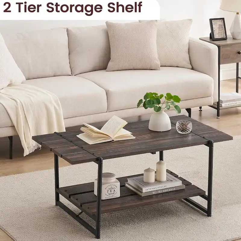 2-Tier Farmhouse 41 Large Wood Coffee Table with Shelf