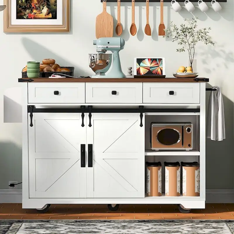 Farmhouse Kitchen Island Cart with Wheels, Power Outlet