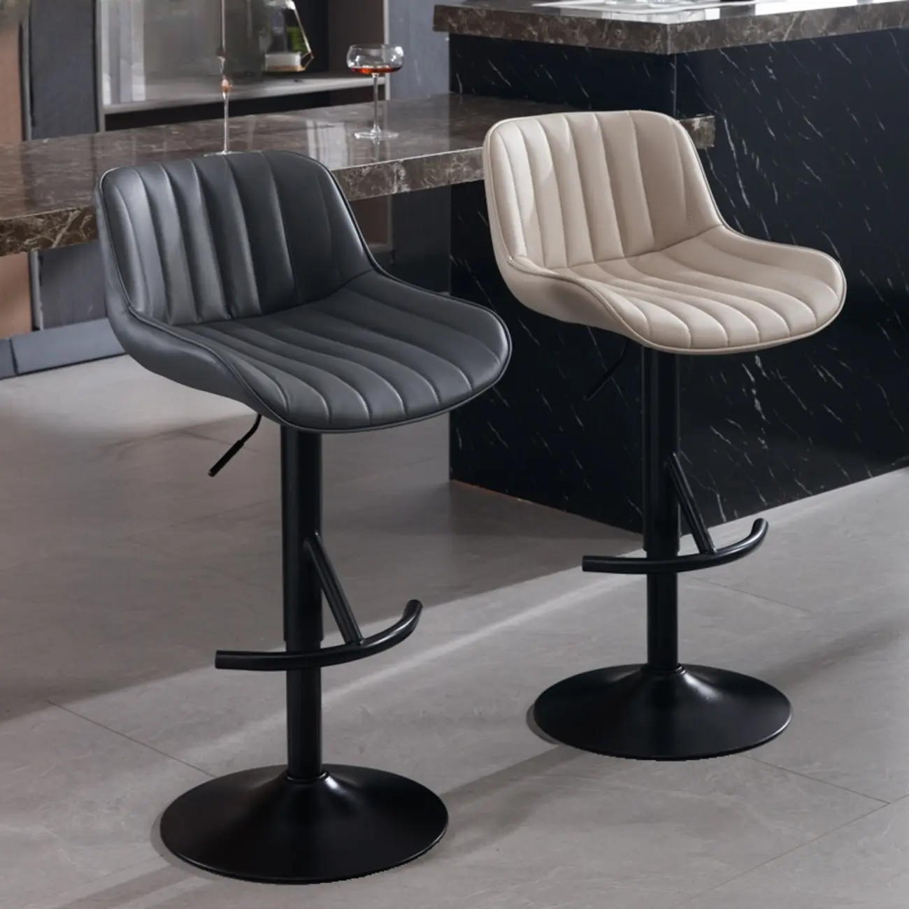 Industrial Modern Adjustable Pedestal Swivel Leather Bar Stools