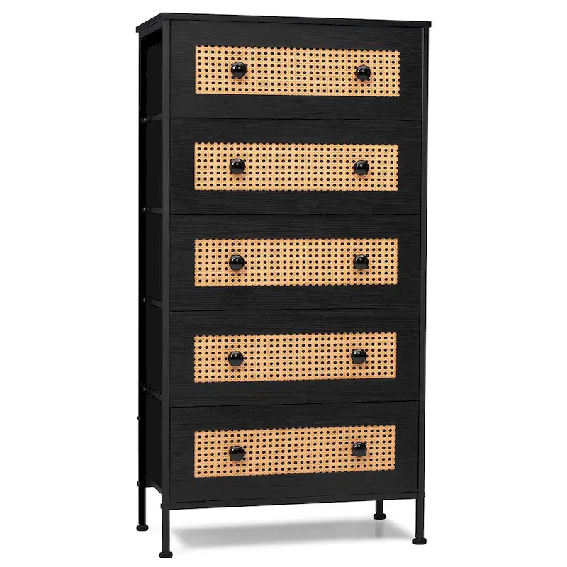 Crestlive Dresser Closet PE Wicker Rattan Storage Tower Organizer Chest of 5 Drawers
