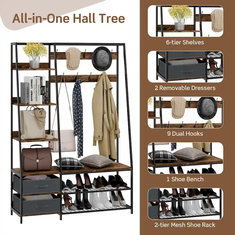 Gymax 6-in-1 Freestanding Hall Tree Coat Rack w/ Bench & Fabric
