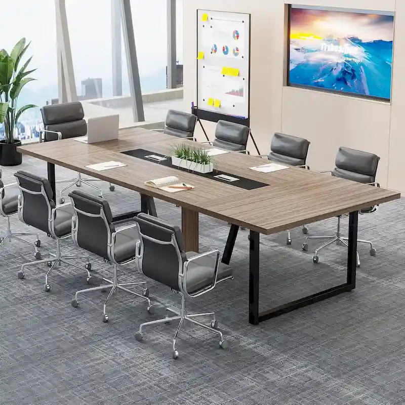 Large Rectangular Conference Table with Cable Management – Brown / Grey, Seats 8–10