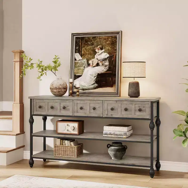 Grey / Retro Color 3-Drawer Industrial Console Table, 3-Tier Metal Frame, 1-Person Assembly