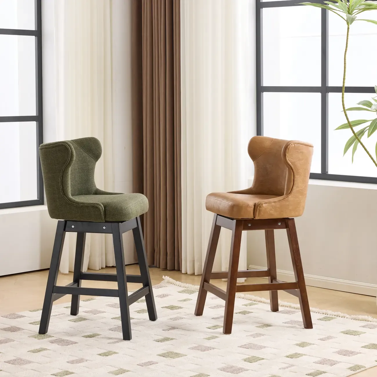 Set Of 2 Bar Height Mid-century Modern Upholstered Bar Stools