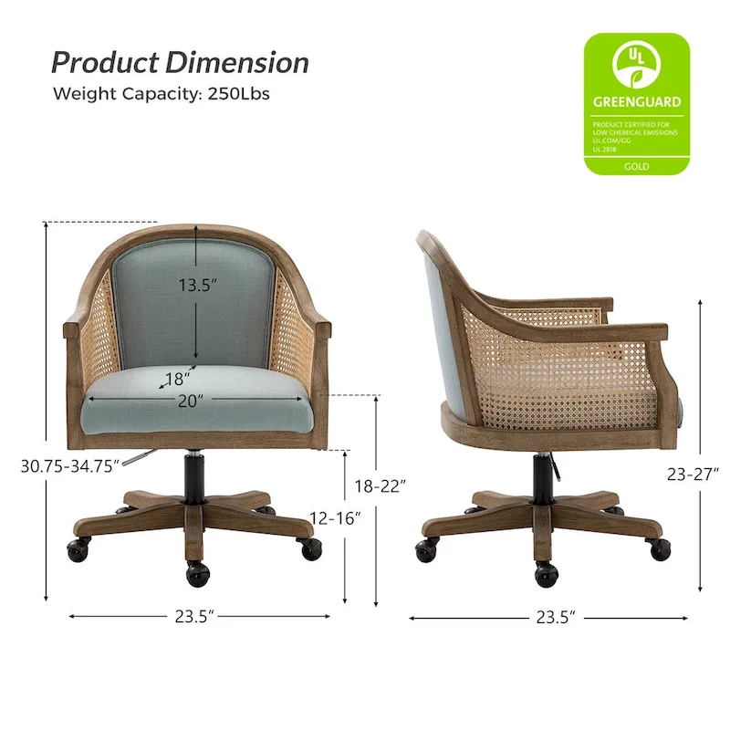 Farmhouse-Style Rattan Office Chair — 360° Swivel, Adjustable Height, Rubberwood Construction
