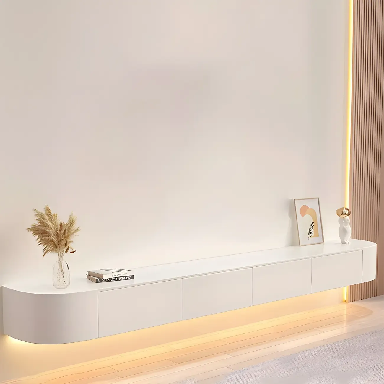 Glam Wooden Floating TV Stand in White with Drawers & Shelves