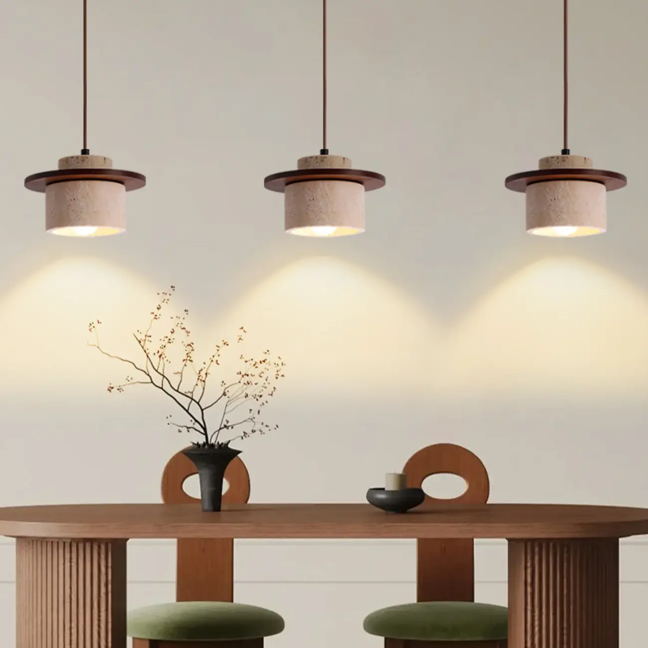 Modern 3-Light Walnut Wood Stone Cylinder Pendant Lamp