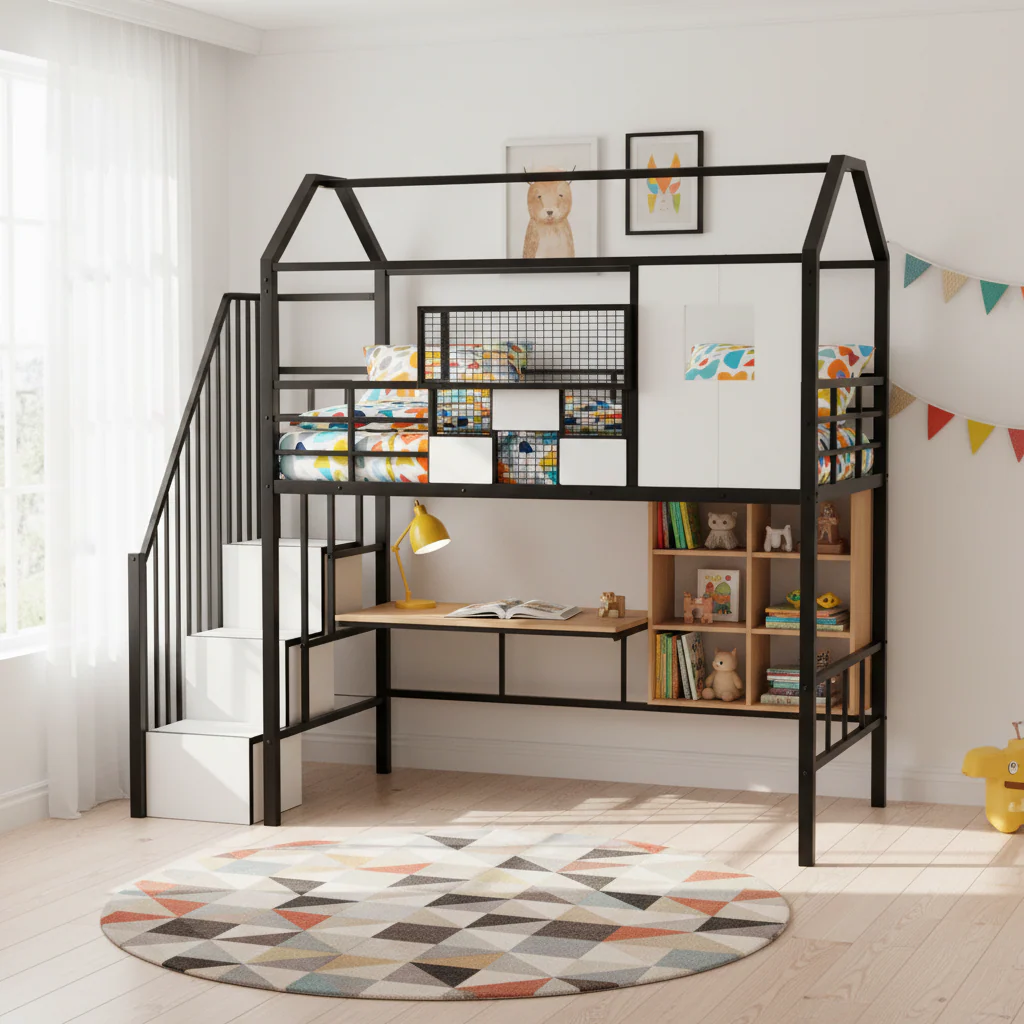 Metal Loft Bed with roof design and a storage box, Twin