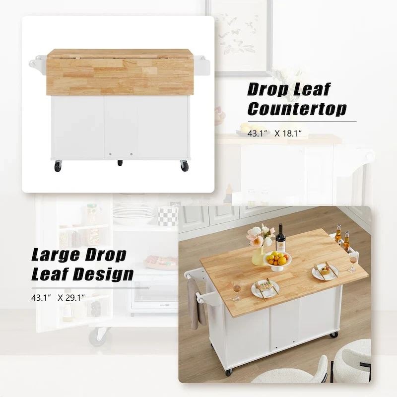 Kitchen Island with Drop Leaf Countertop and Rolling Cart