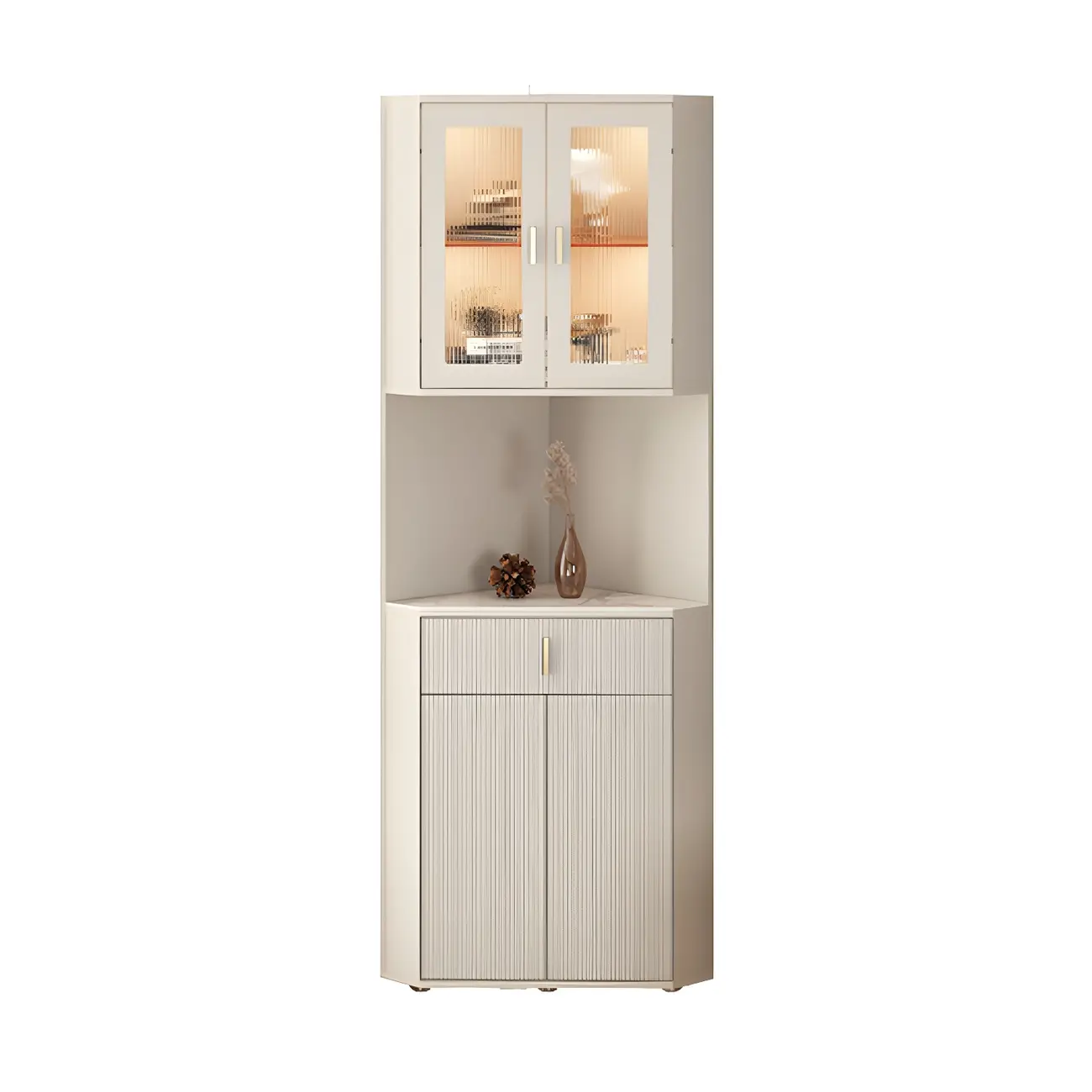 Modern Cream White Wood Gold Accent Storage Corner Cabinet