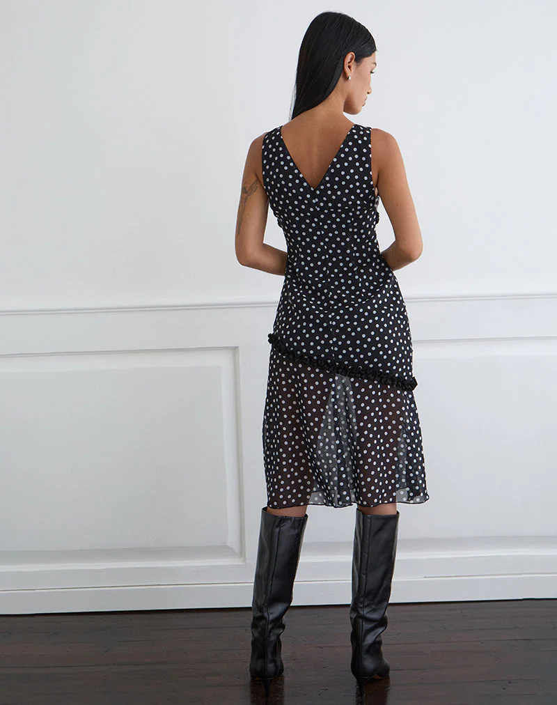 Sovira Midi Dress in Chiffon Black with Tiny Polka Print