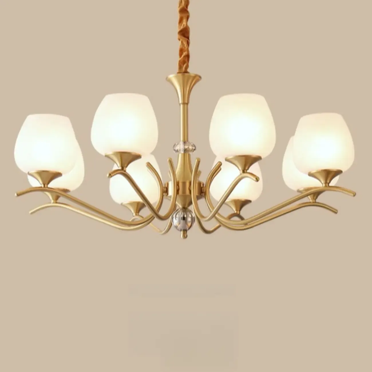Mid-Century Modern White Glass Elegant Gold Chandelier