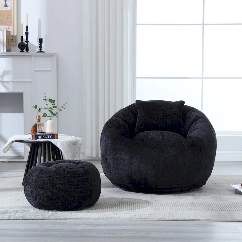 HOMEFUN Chenille Upholstered Round Lazy Cozy Bean Bag Chair with Ottoman and a Pillow