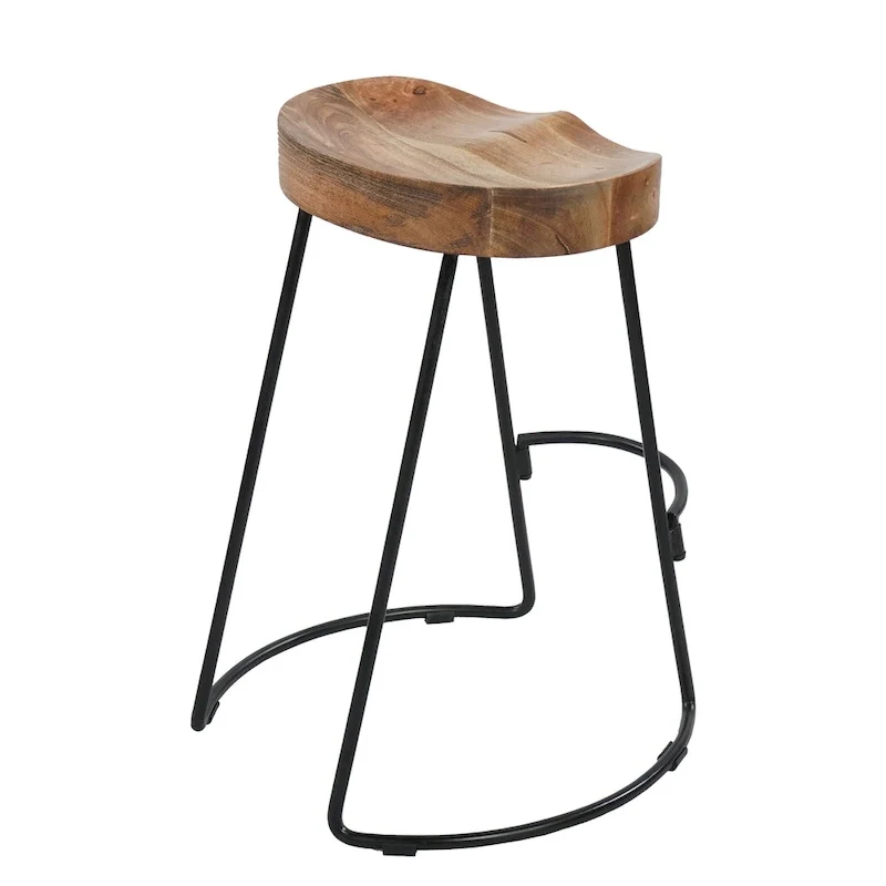 24 Inch Handcrafted Backless Barstool, Natural Brown Mango Wood Thick Saddle Seat, Black Iron Base