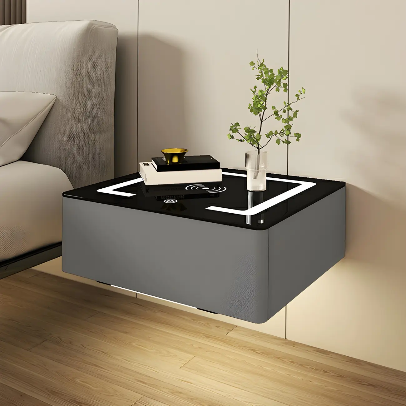 Modern Floating Stone Top Nightstand with Drawer