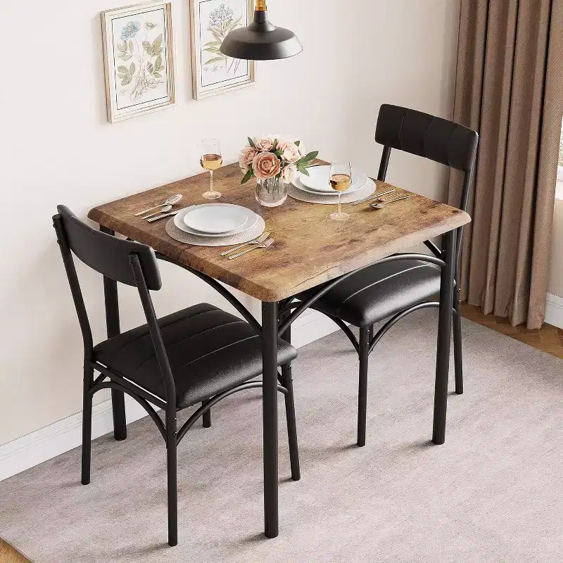 Modern Rustic Square Dining Set, 29.2' L x W 30.1' H Table, 33.7' 18.4' 17' Chairs, 2 Person, Metal & MDF, Easy Assembly, Space-Saving