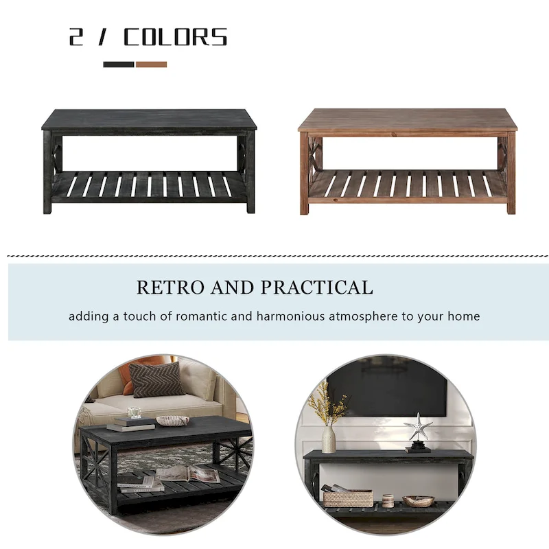 Open Shelf Coffee Table – Antique Black / Brown, Handcrafted Wood, Single