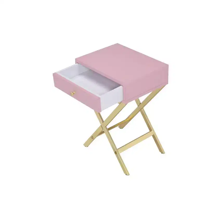 Metal Side Table with Crossed Base, Pink and Gold