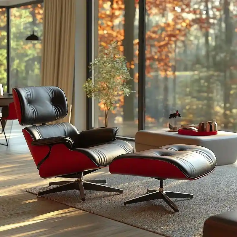 Mid-century Full Grain Leather Accent Chaise Lounge Chair and Ottoman