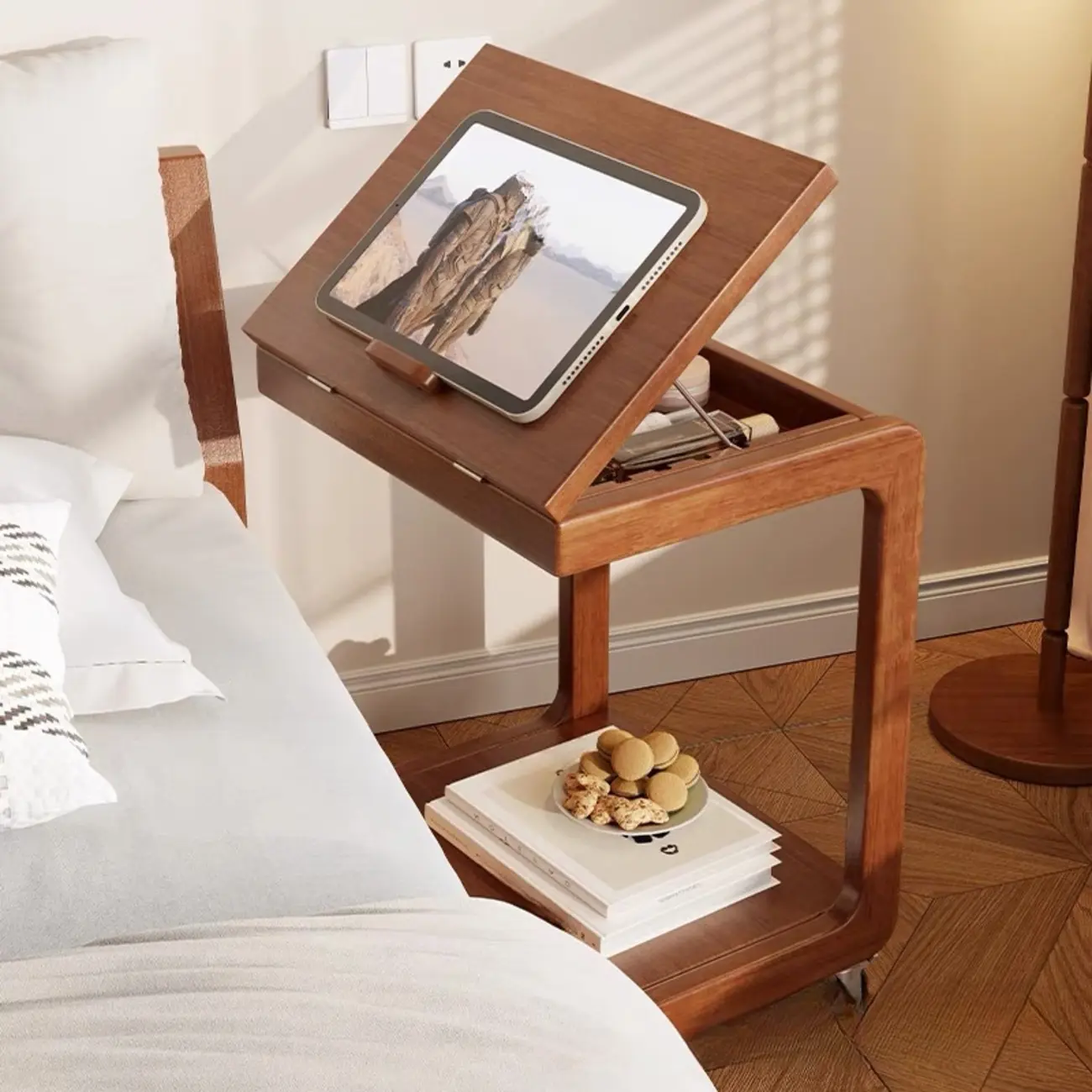 Adjustable Tabletop Wood C Shaped Side Table with Wheels