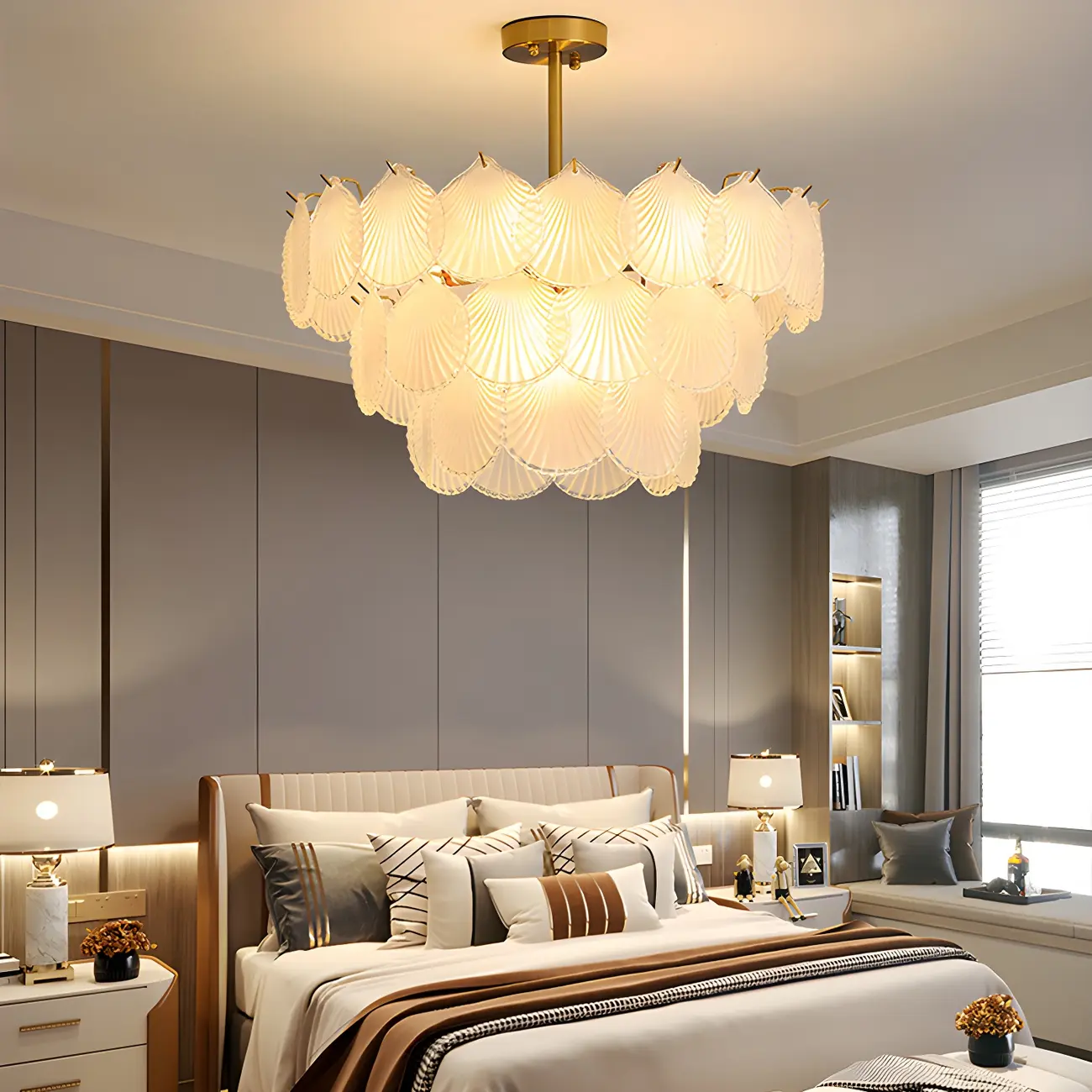 Adjustable Elegant Gold Unique Layered Scallop Glass Chandelier