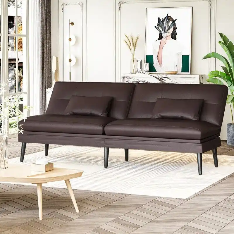 Grondin Convertible Futon Sofa Bed, 5-Angle Adjustable Backrest Sleeper Couch with 2 Pillows, Modern Style Recliner Lounge