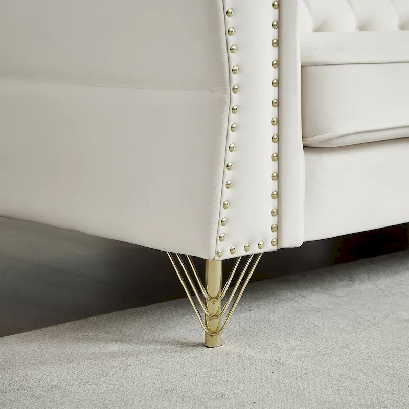 Beige 60.2  Velvet 2 Seater Sofa Couch with Metal Feet, 2 Pillows, Nailhead Trim, Solid Wood Frame and Foam Padding