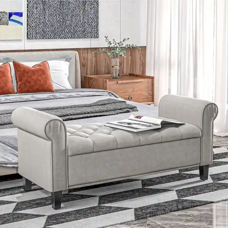 HOMCOM 50 Storage Ottoman Bench, Upholstered End of Bed Bench with Rolled Arms, Wood Legs, Button Tufted Storage Bench Gray