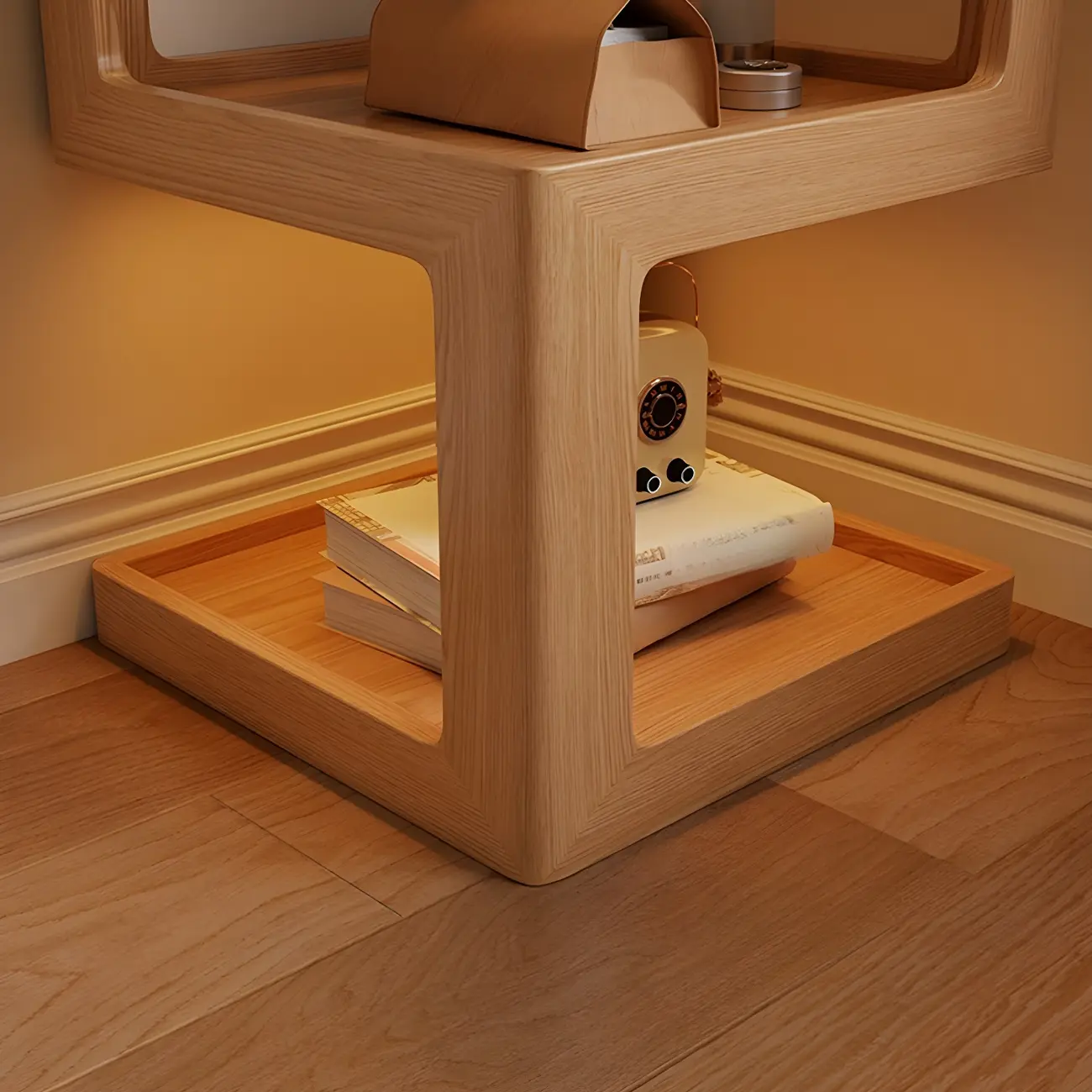 Narrow Wood and Glass Nut-Brown Shelves Nightstand with Light