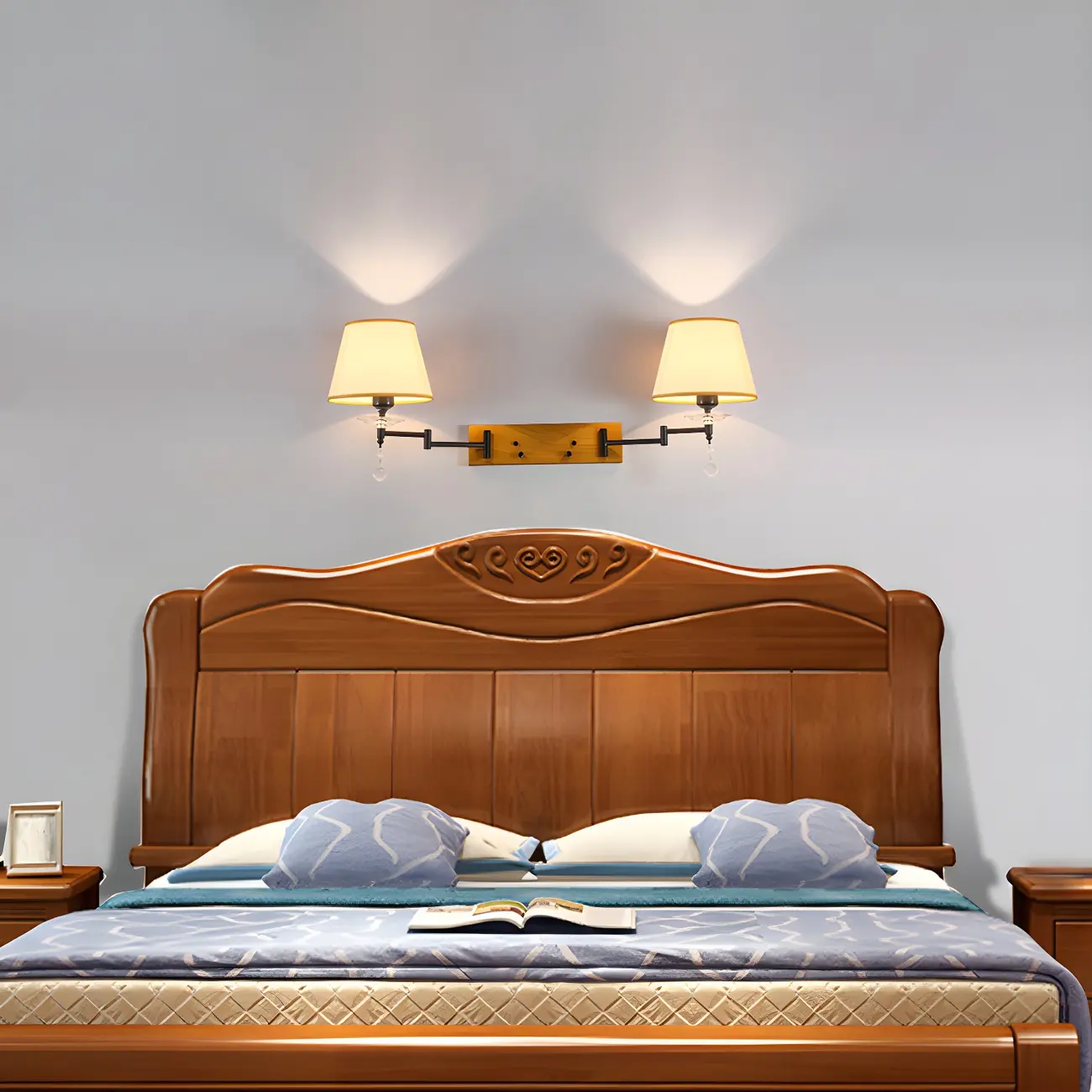 2-Light Silver Swing Arm Fabric Shade Wall Light