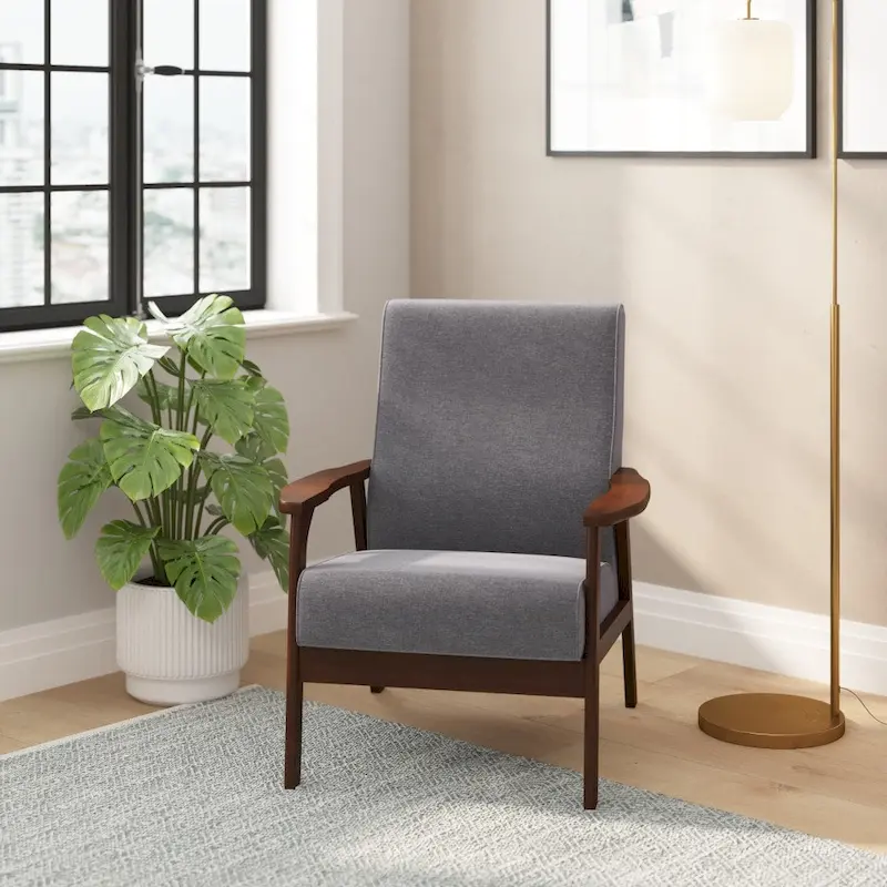 Mid-Century  Armchair with Wooden Frame and Faux Leather Cushions