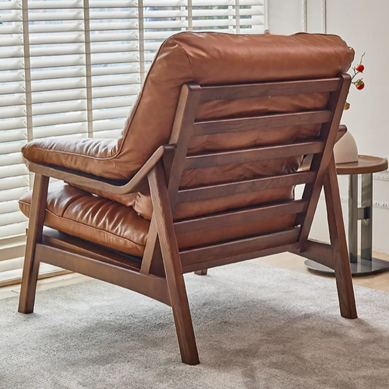 Brown Upholstered Genuine Leather Living Room Accent Chair