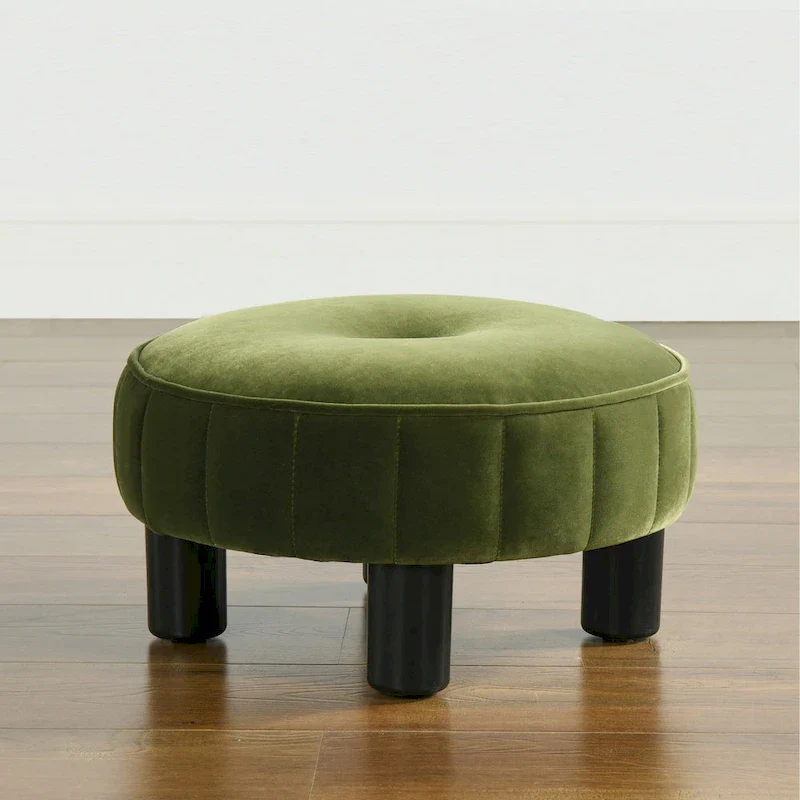 Round Footstool Ottoman - 16 Diameter, Vertical Tufted, Black Legs, Mid-Century Modern, 200 lbs