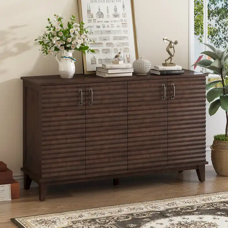 Retro Style 4-Door Sideboard with Adjustable Shelves and Metal Handles for Kitchen, Living Room, Dining Room