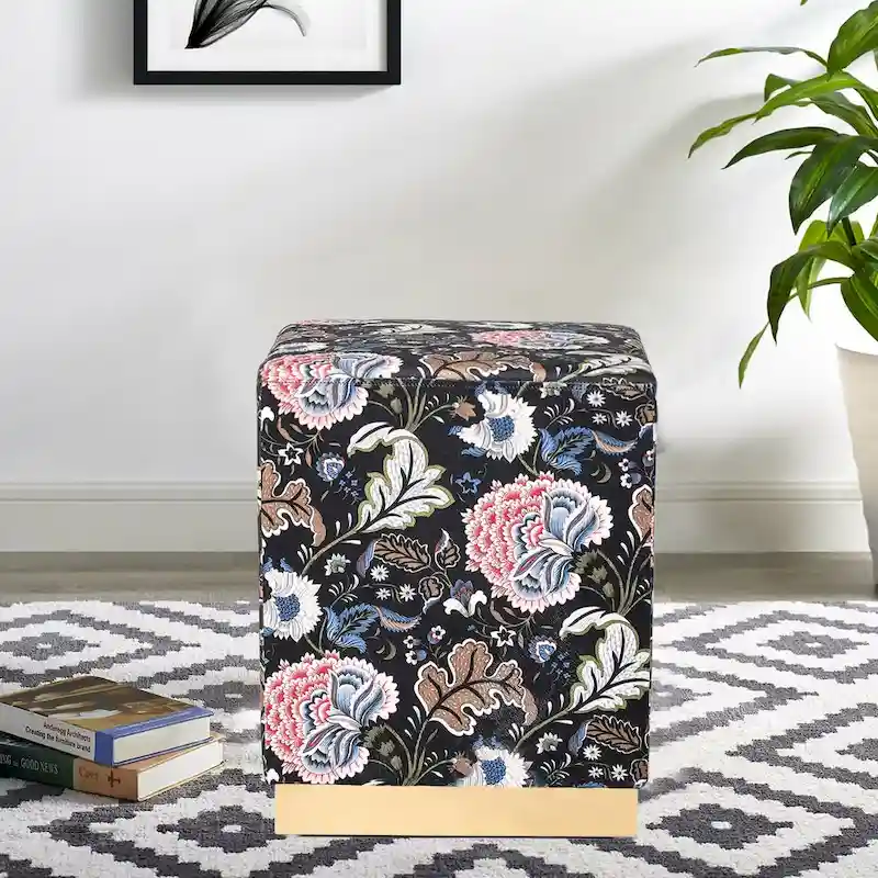 Adeco Square Velvet Ottoman Upholstered Stool Vanity Gold Plating Base