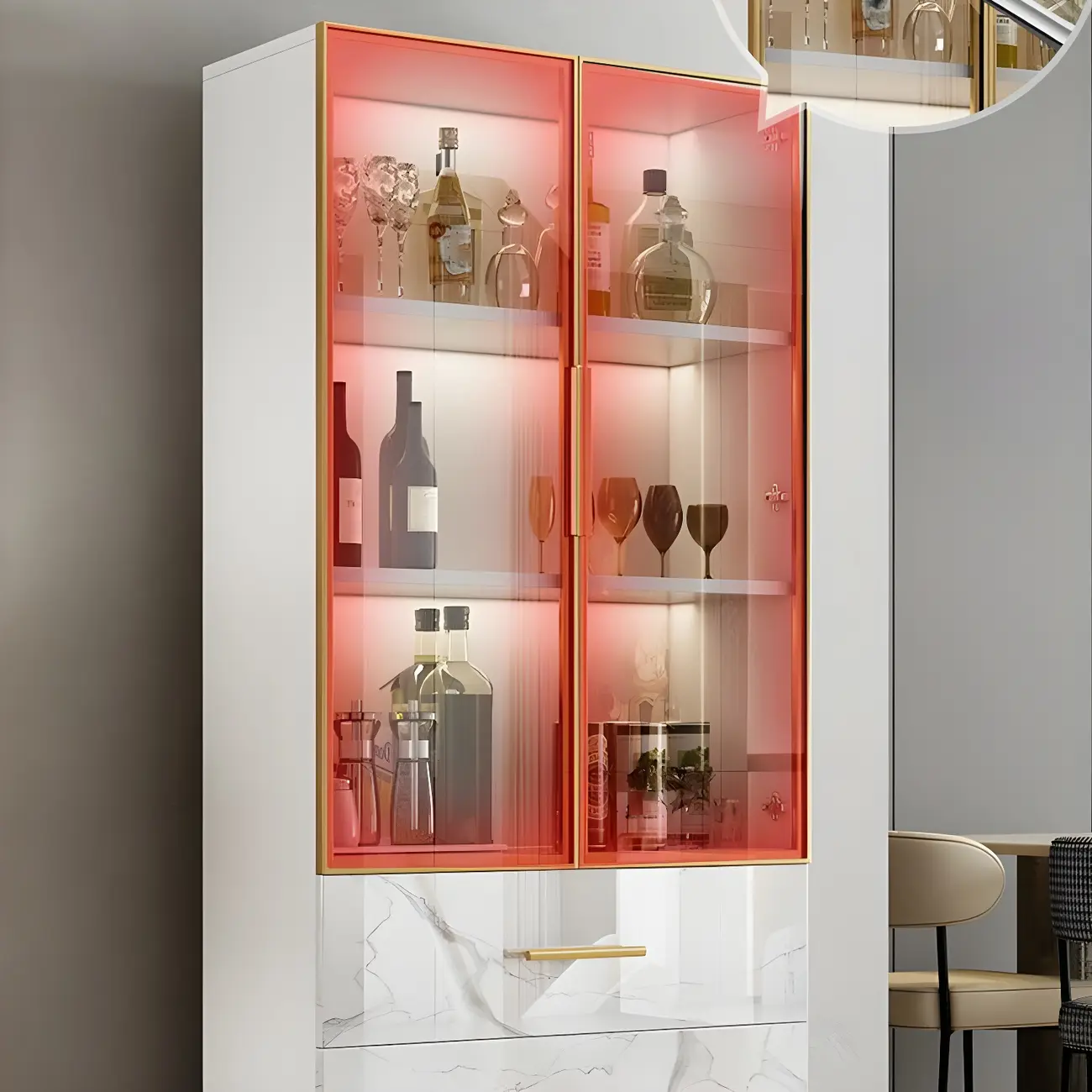 Modern Gold White Marble-Textured Wood Glass Versatile Cabinet