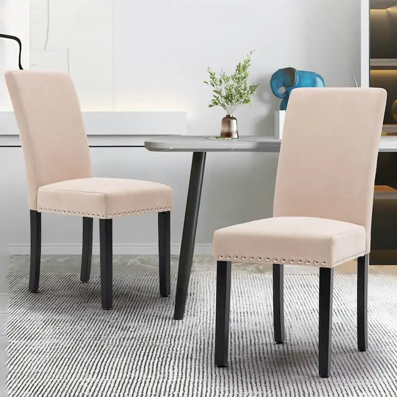 Fabric Upholstered Nailhead Trim Parsons Dining Chairs Terry Cloth Set of 2